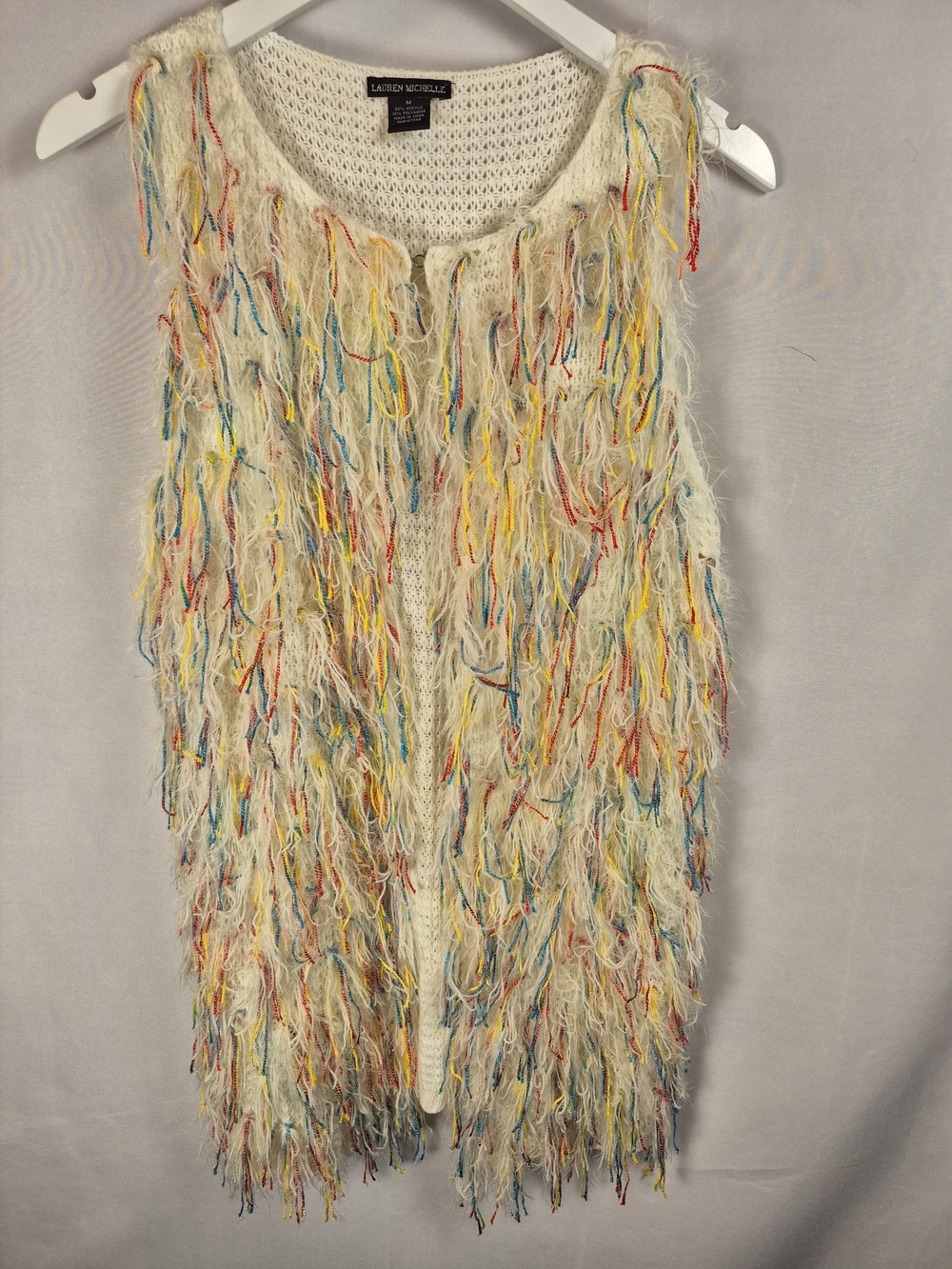 Lauren Michelle Cream Fringe Knit Vest with Multicolor Yarn Accents Size M